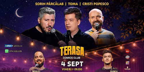 Stand-up Comedy cu Cristi Popesco, Toma, Sorin Pârcălab și Bogzi pe Terasa Comics