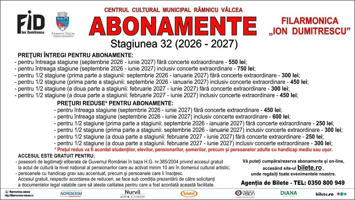 Abonamente Filarmonica Ramnicu Valcea Septembrie - Iunie - 2026-2027