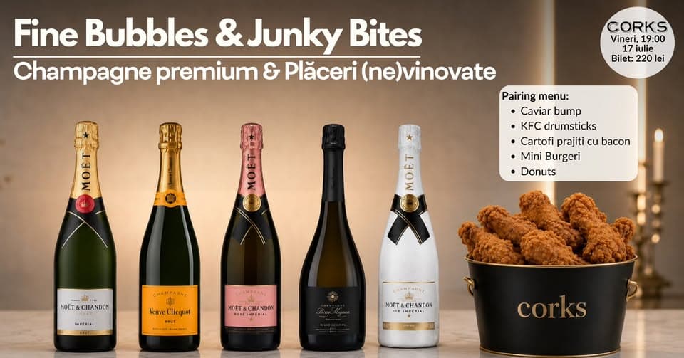 Fine Bubbles & Junky Bites | Champagne premium & plăceri (ne)vinovate